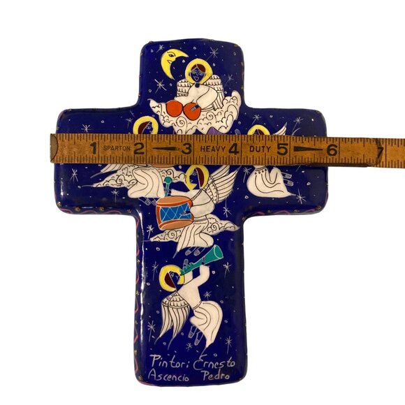 Mexican Talavera Pottery Blue Wall Cross With Angels Playing Instruments - Picture 6 of 6